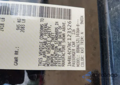 2019 Nissan Altima 2.5 Sr из США, поврежденный, VIN 1N4BL4CV7KC123526